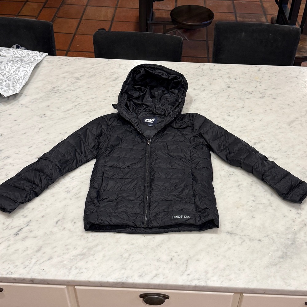 Lands End Kids Black Down Puffer Jacket Hooded Full Zip Size L 10-12 Quilted